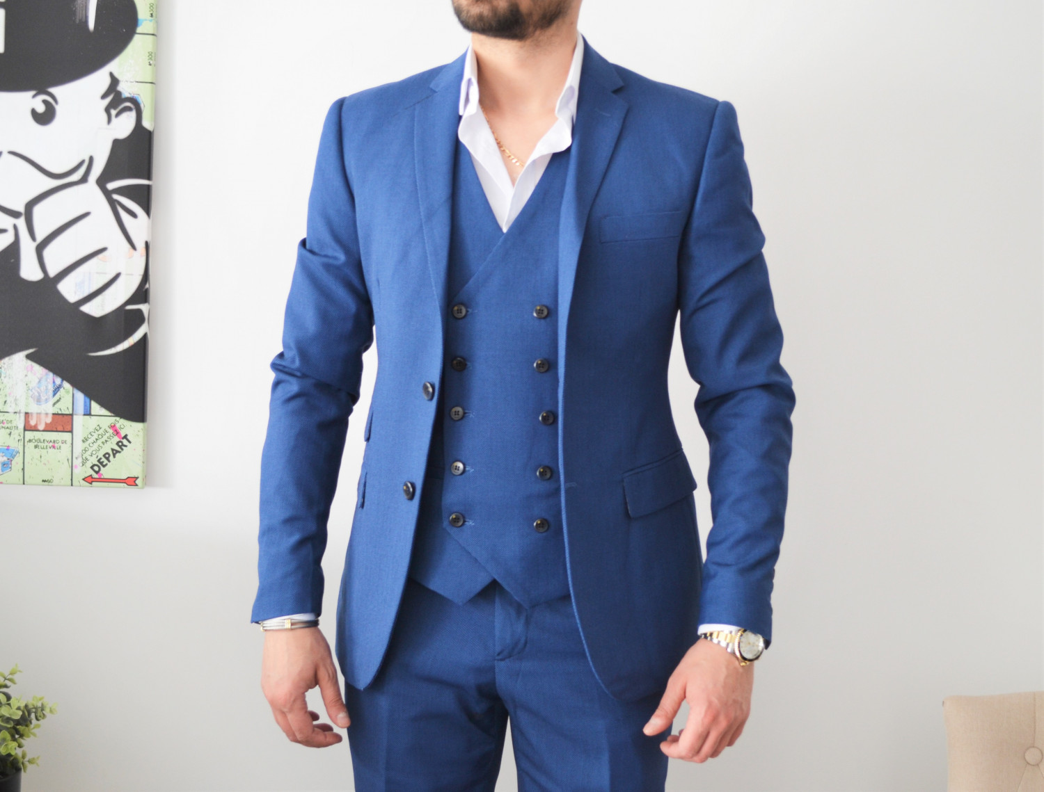 costume homme bleu slim 3 pièces avec gilet