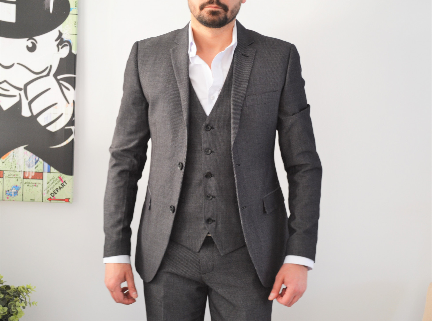 costume homme anthracite pique slim 3 pieces avec gilet croise