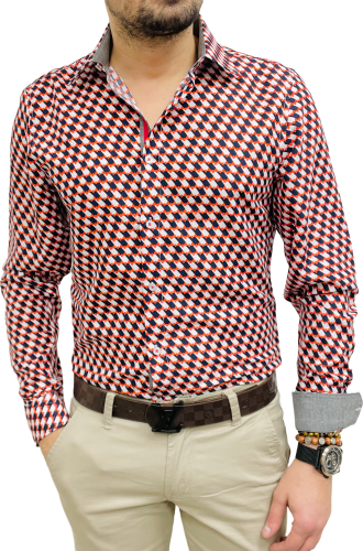 chemise homme bleu et rouge motif rétro